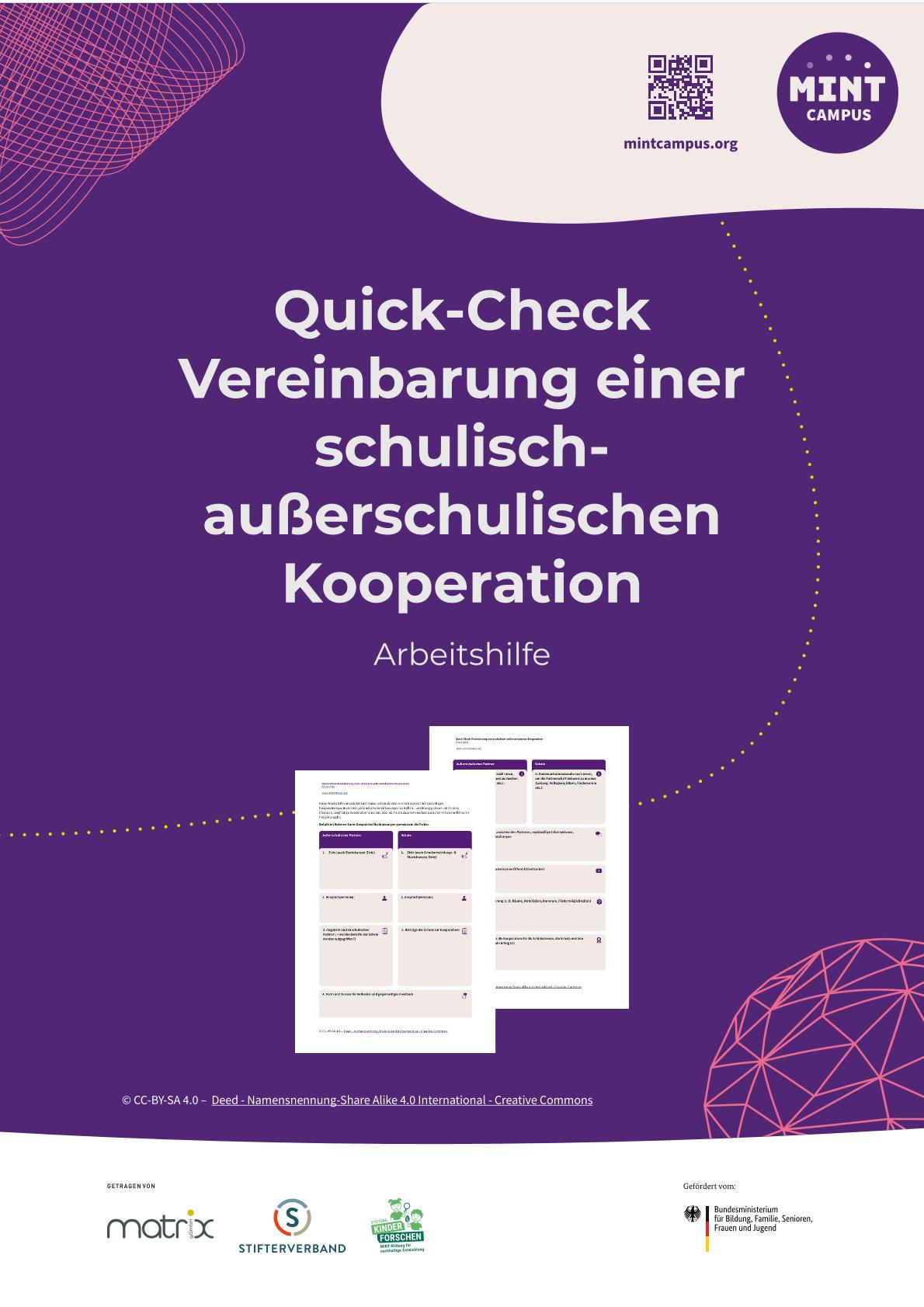 Deckblatt der Arbeitshilfe "Quick-Check Vereinbarung einer schulisch-außerschulischen Kooperation"