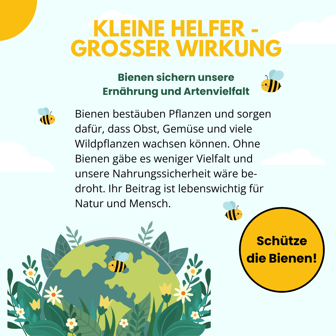 Eine Weltkugel mit vielen Pflanzen drauf, mehrere kleine Bienen drumherum und Text in verschiedenen Schriften und Größen.